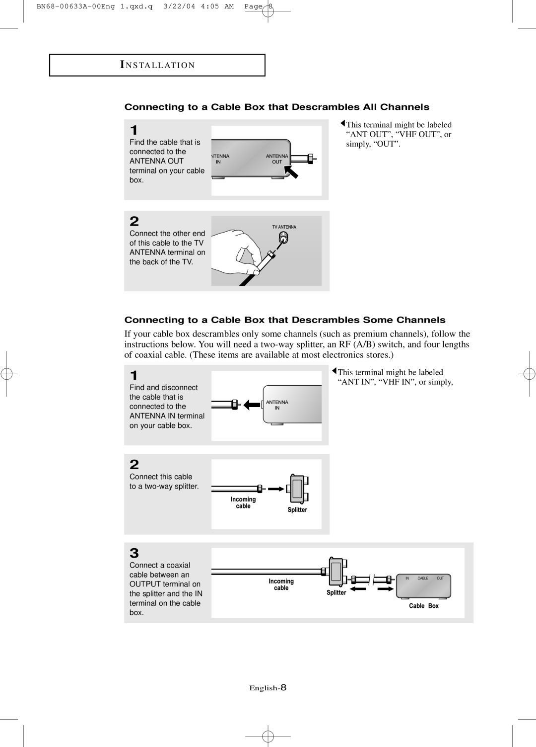 Samsung LT-P 2045, LT-P 1745, LT-P 1545 manual Connecting to a Cable Box that Descrambles All Channels 