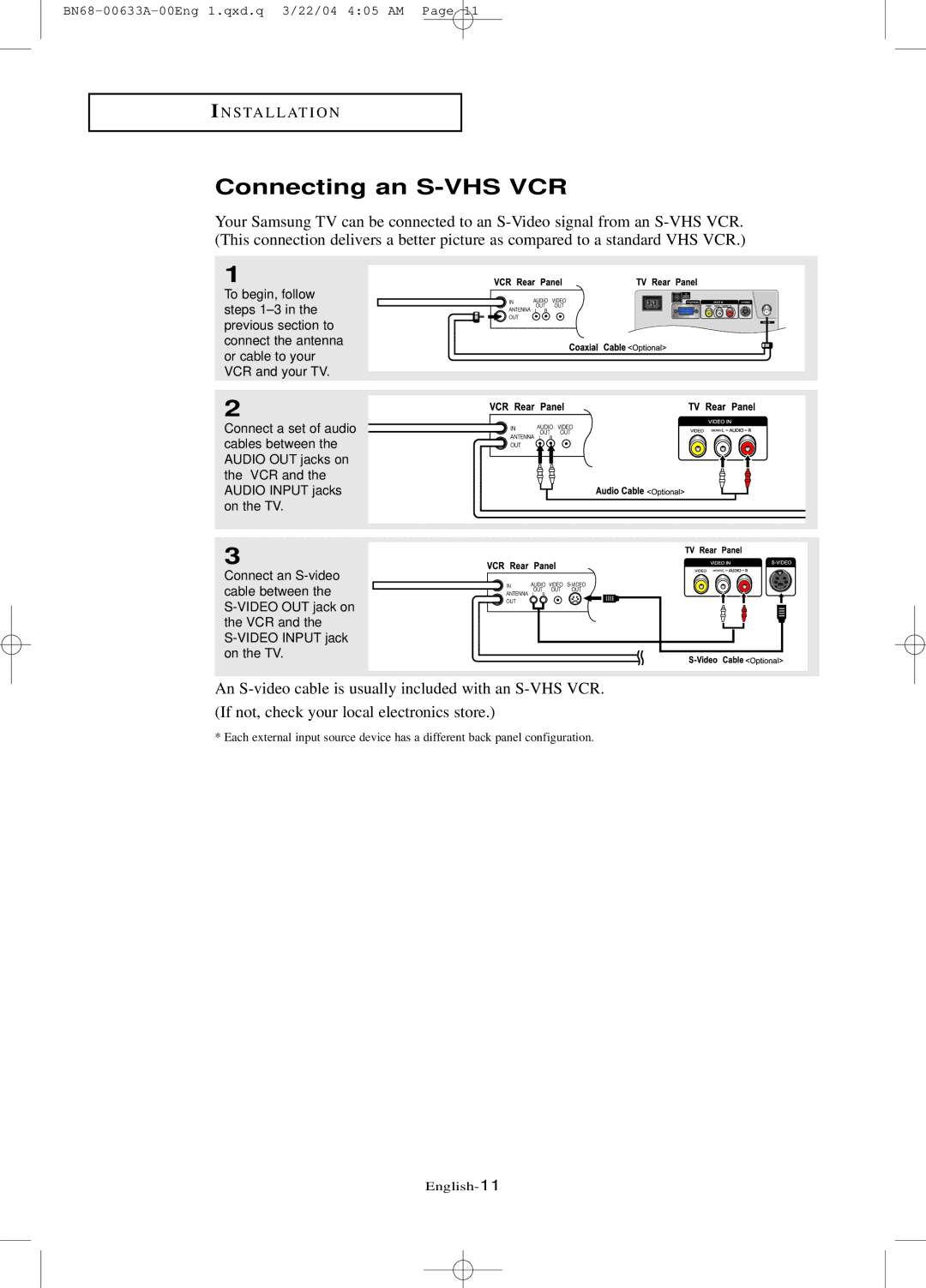 Samsung LT-P 2045, LT-P 1745, LT-P 1545 manual Connecting an S-VHS VCR 