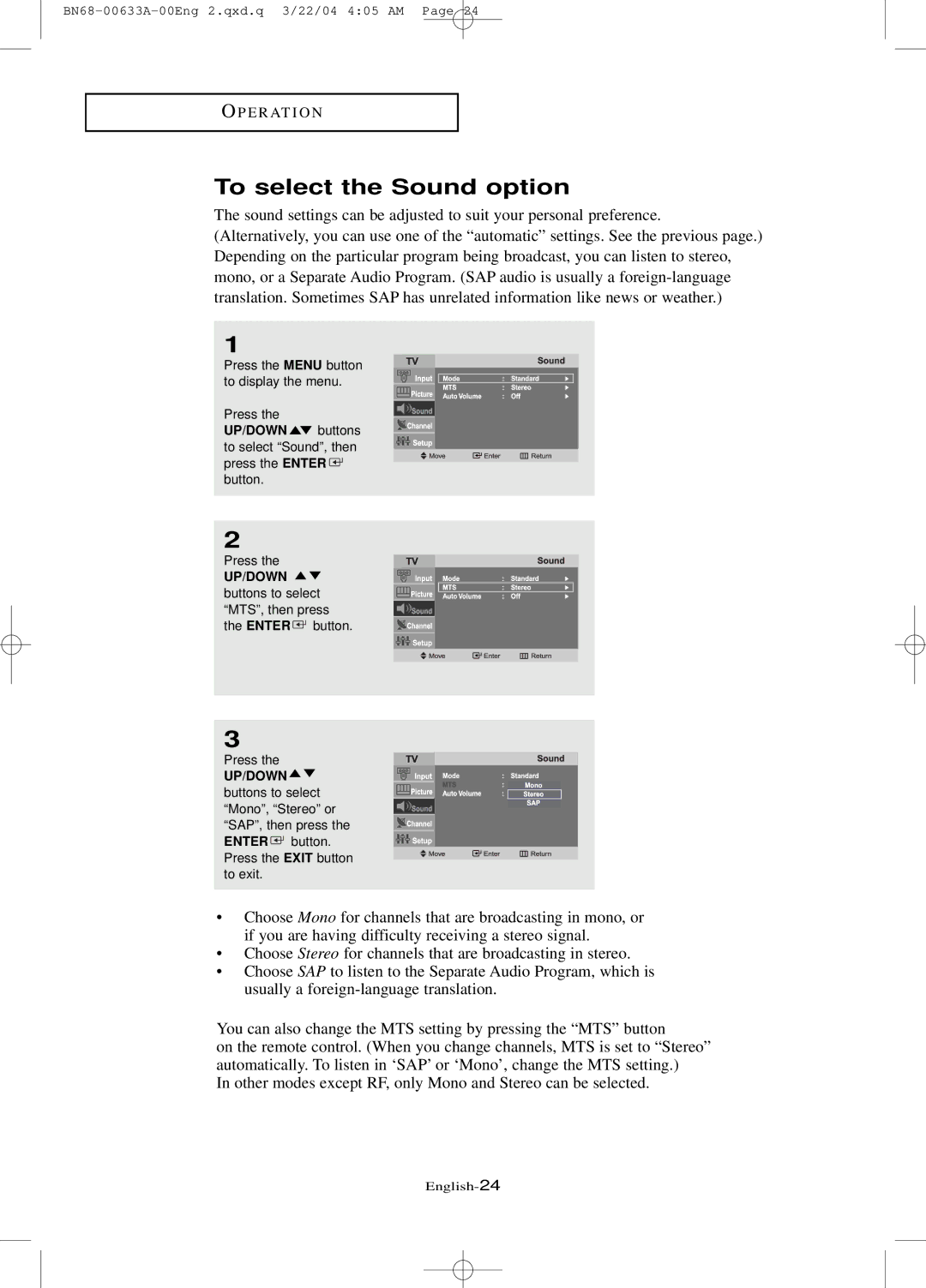 Samsung LT-P 1745, LT-P 1545, LT-P 2045 manual To select the Sound option 