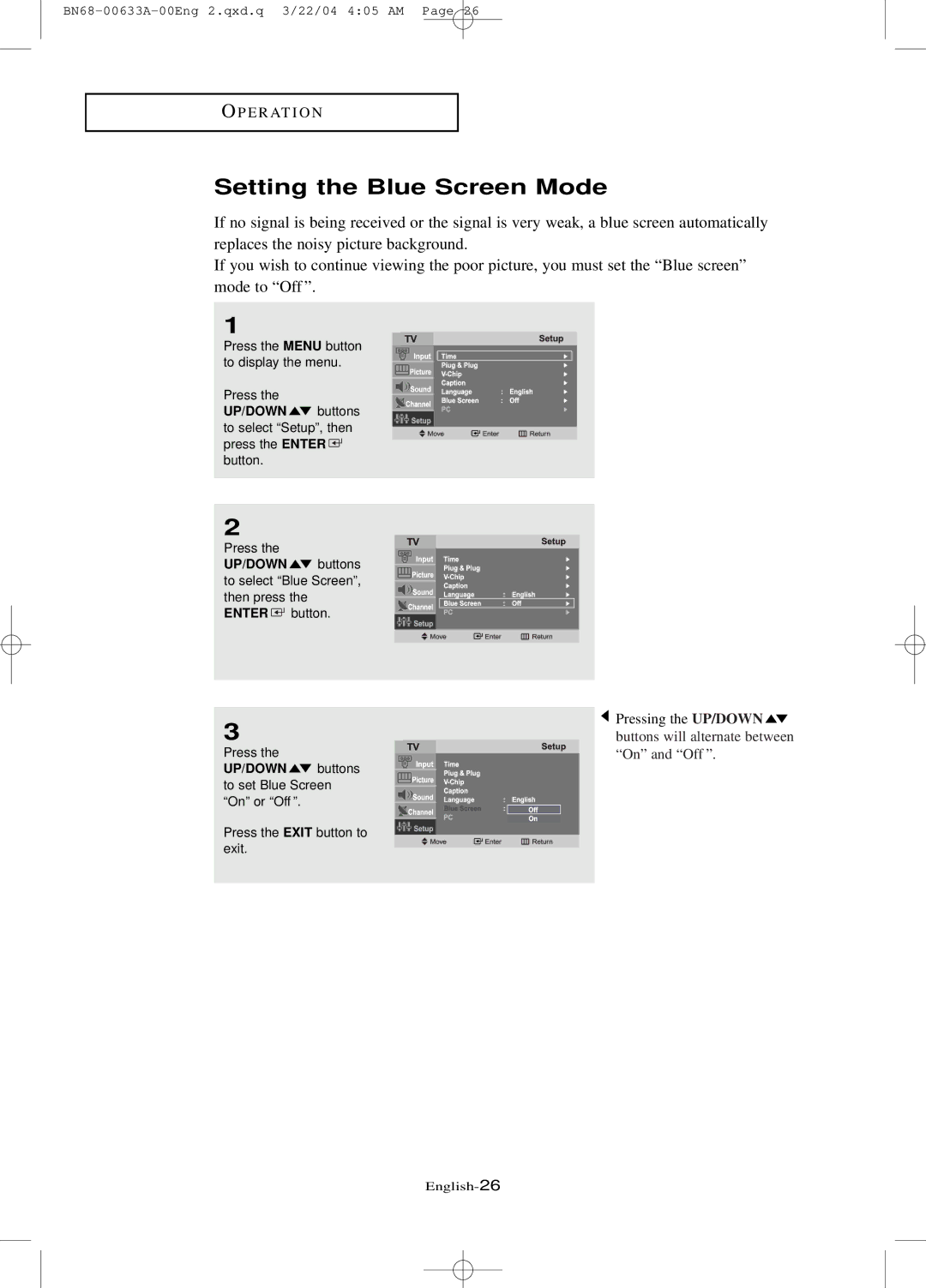 Samsung LT-P 2045, LT-P 1745, LT-P 1545 manual Setting the Blue Screen Mode 