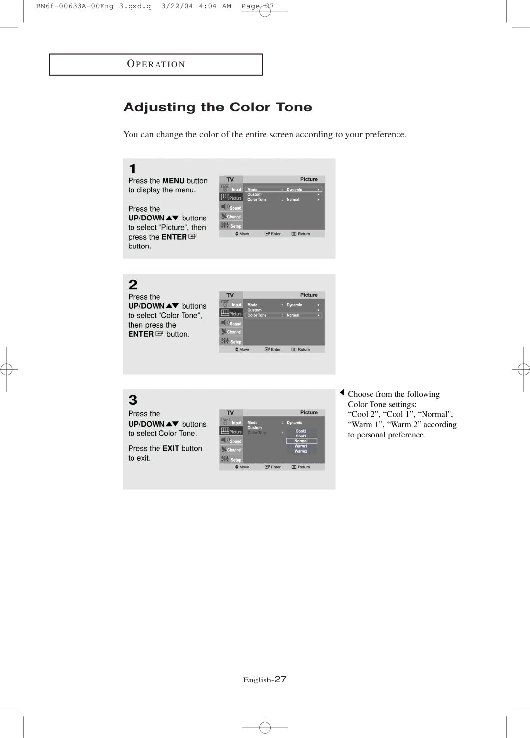 Samsung LT-P 1745, LT-P 1545, LT-P 2045 manual Adjusting the Color Tone 