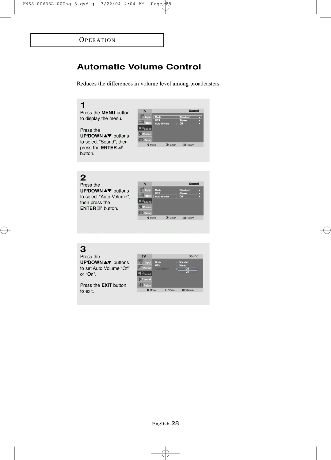 Samsung LT-P 1545, LT-P 1745 manual Automatic Volume Control, Reduces the differences in volume level among broadcasters 