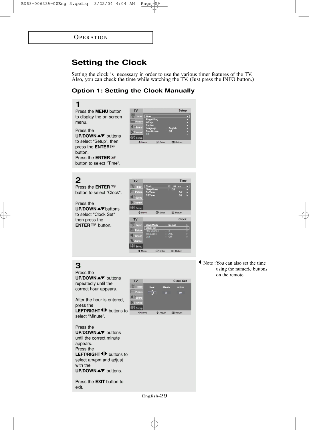 Samsung LT-P 2045, LT-P 1745, LT-P 1545 manual Option 1 Setting the Clock Manually 