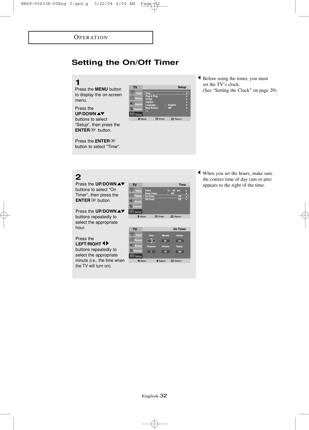 Samsung LT-P 2045, LT-P 1745, LT-P 1545 manual Setting the On/Off Timer 