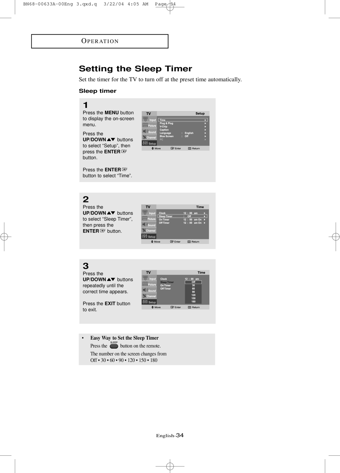 Samsung LT-P 1545, LT-P 1745, LT-P 2045 manual Setting the Sleep Timer, Sleep timer 