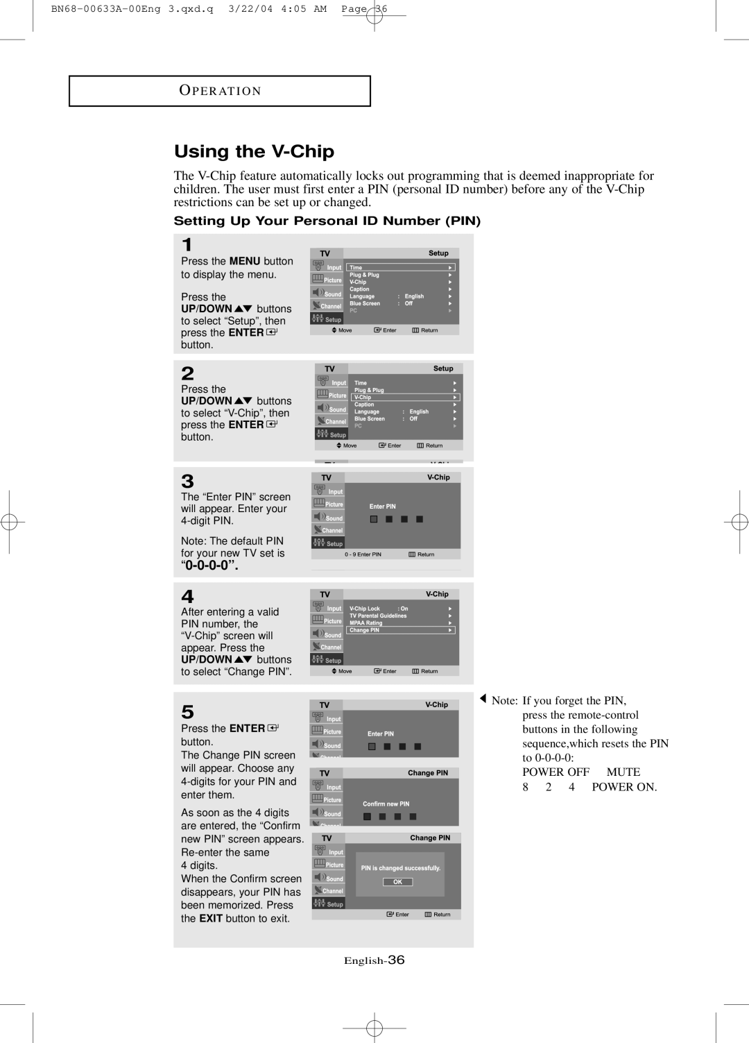 Samsung LT-P 1745, LT-P 1545, LT-P 2045 manual Using the V-Chip, Setting Up Your Personal ID Number PIN 