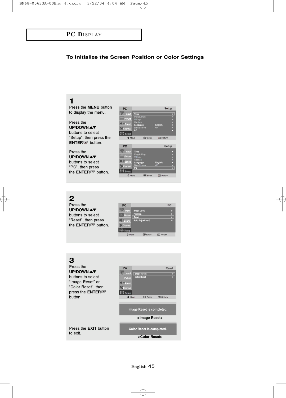 Samsung LT-P 1745, LT-P 1545, LT-P 2045 manual To Initialize the Screen Position or Color Settings 