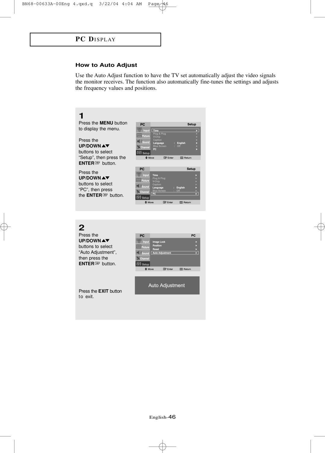 Samsung LT-P 1545, LT-P 1745, LT-P 2045 manual How to Auto Adjust 