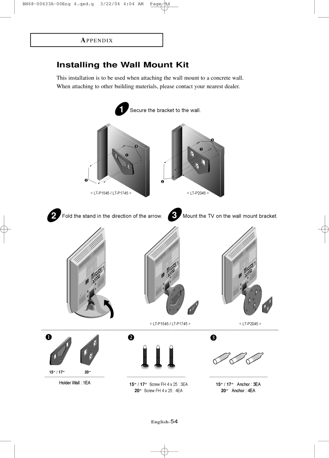 Samsung LT-P 1745, LT-P 1545, LT-P 2045 manual Installing the Wall Mount Kit 