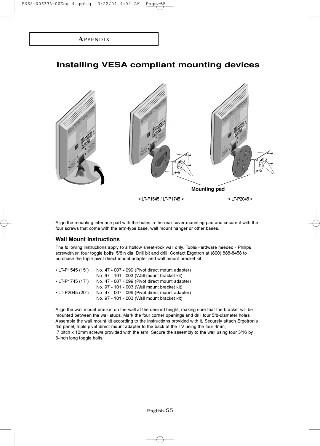 Samsung LT-P 1545, LT-P 1745, LT-P 2045 manual Installing Vesa compliant mounting devices, Mounting pad 