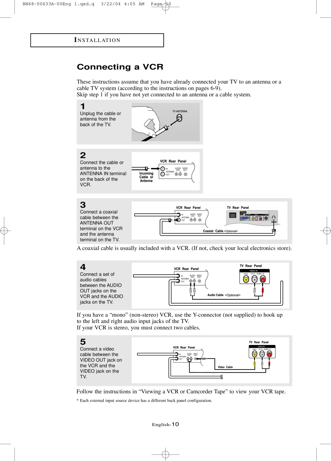 Samsung LT-P 1545, LT-P 1745, LT-P 2045 manual Connecting a VCR 