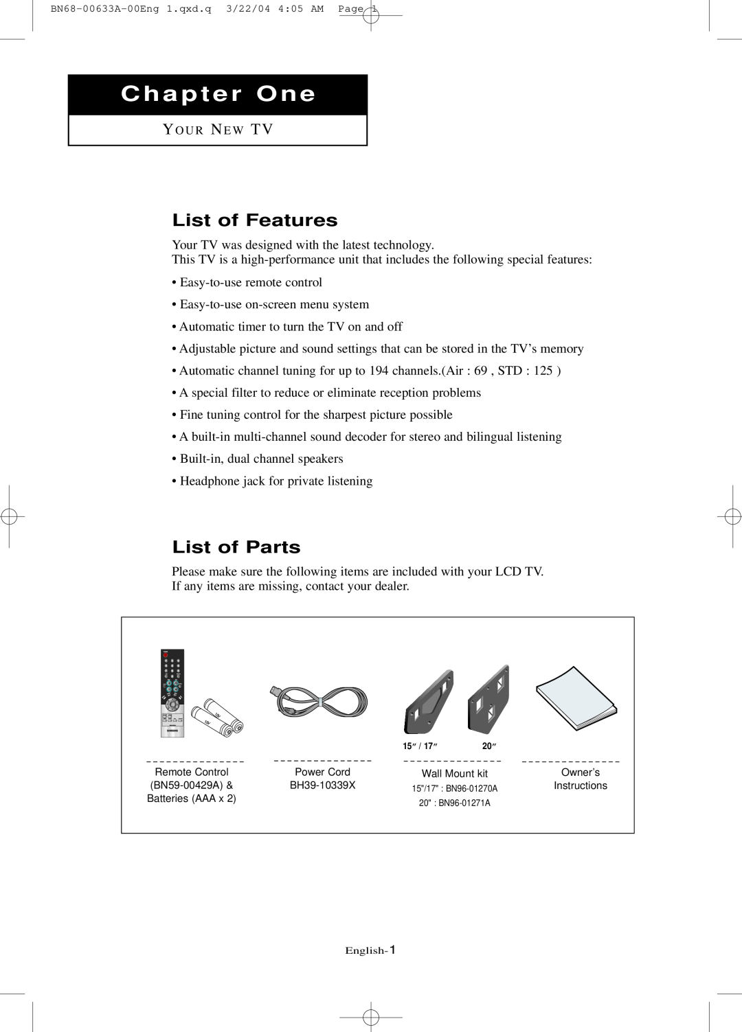 Samsung LT-P 1545, LT-P 1745, LT-P 2045 manual Chapter One, List of Features, List of Parts 