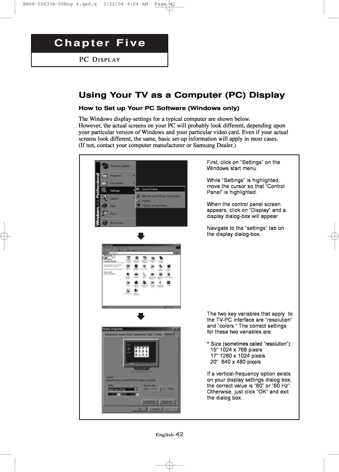 Samsung LT-P 1745, LT-P 1545, LT-P 2045 manual Chapter Five, Using Your TV as a Computer PC Display 