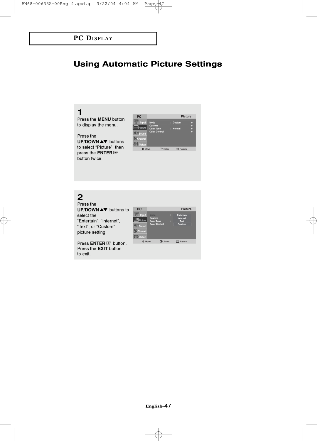 Samsung LT-P 2045 manual Using Automatic Picture Settings, P C D I S P L Ay, BN68-00633A-00Eng 4.qxd.q 3/22/04 404 AM Page 
