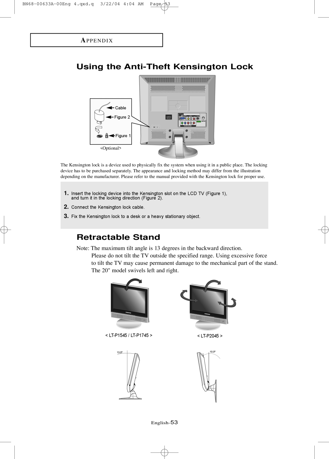 Samsung LT-P 2045, LT-P 1745, LT-P 1545 manual Using the Anti-Theft Kensington Lock, Retractable Stand 