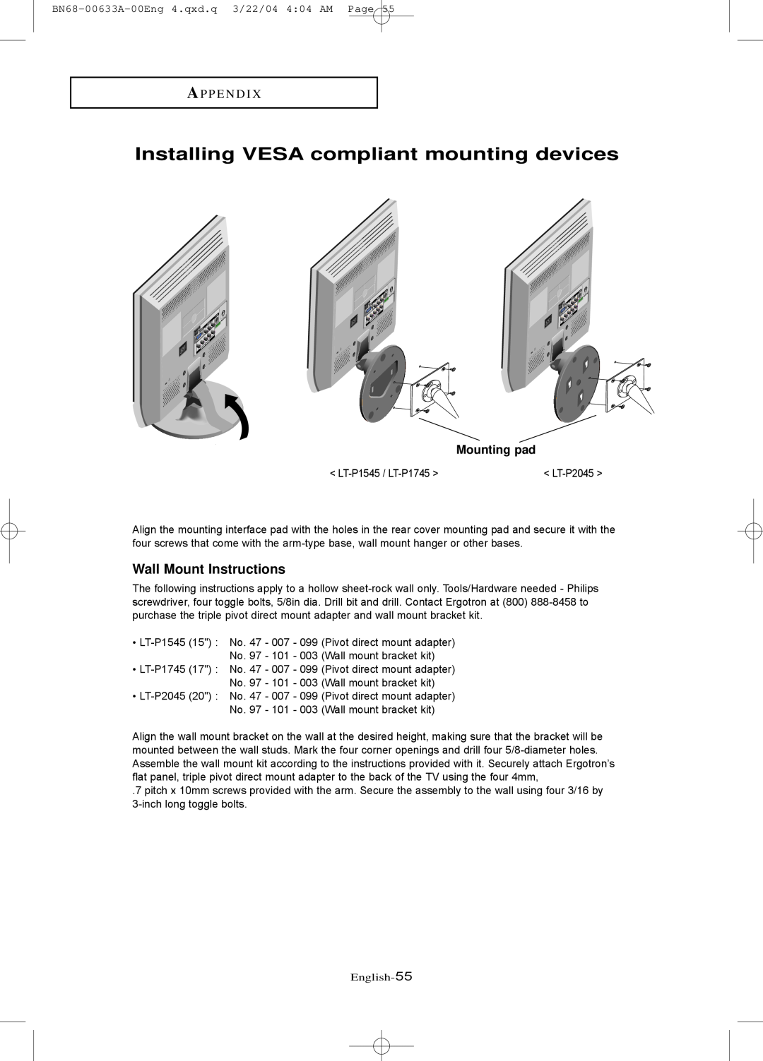 Samsung LT-P 1545 manual Installing VESA compliant mounting devices, Wall Mount Instructions, A P P E N D I, Mounting pad 
