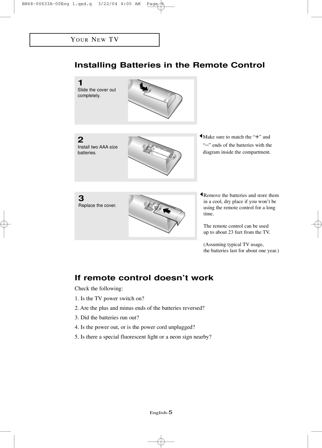 Samsung LT-P 2045, LT-P 1745, LT-P 1545 manual Installing Batteries in the Remote Control, If remote control doesn’t work 