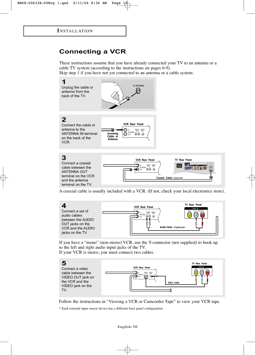 Samsung LT-P1545 manual Connecting a VCR 