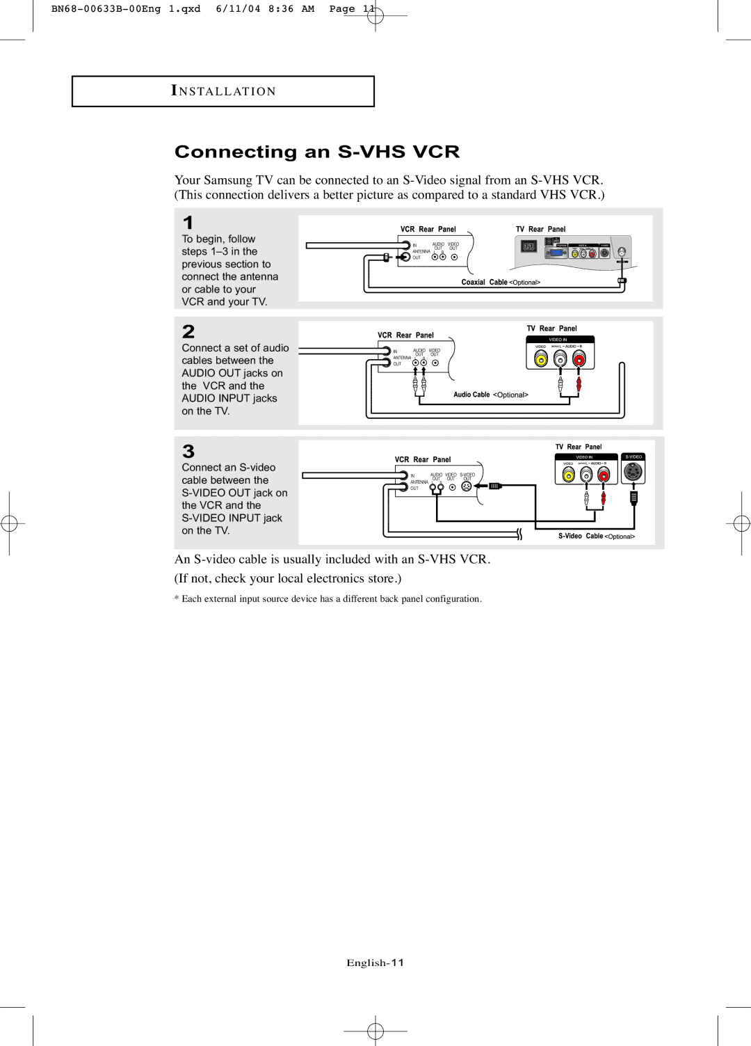 Samsung LT-P1545 manual Connecting an S-VHS VCR 