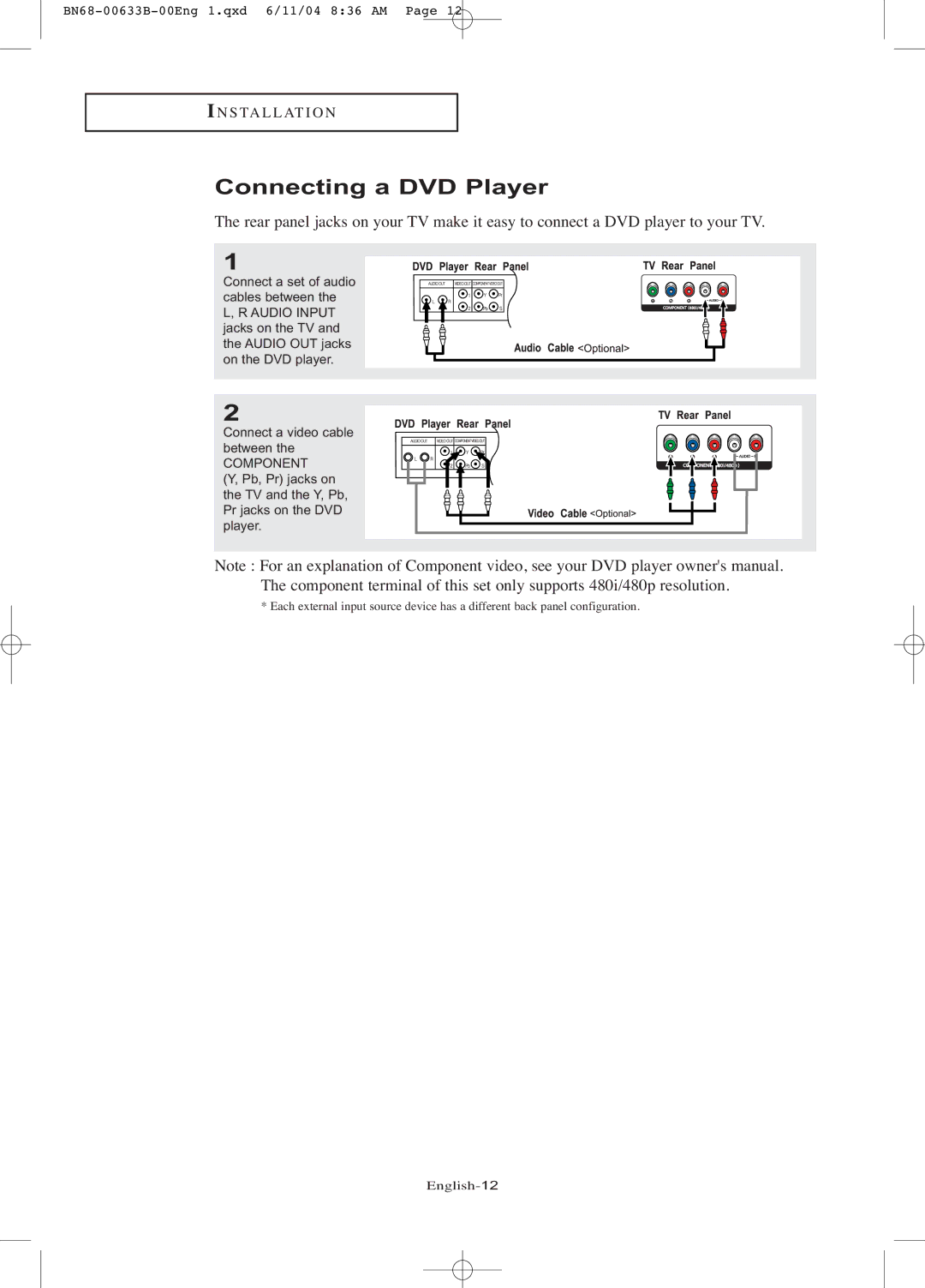 Samsung LT-P1545 manual Connecting a DVD Player, Component 