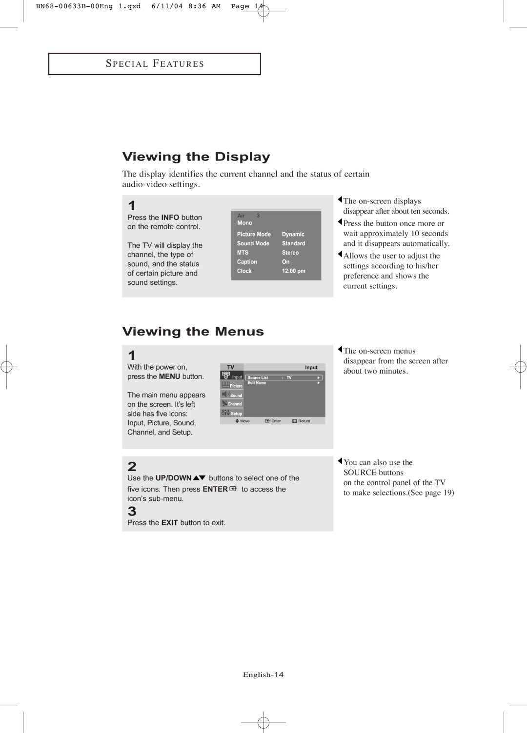 Samsung LT-P1545 manual Viewing the Display, Viewing the Menus 