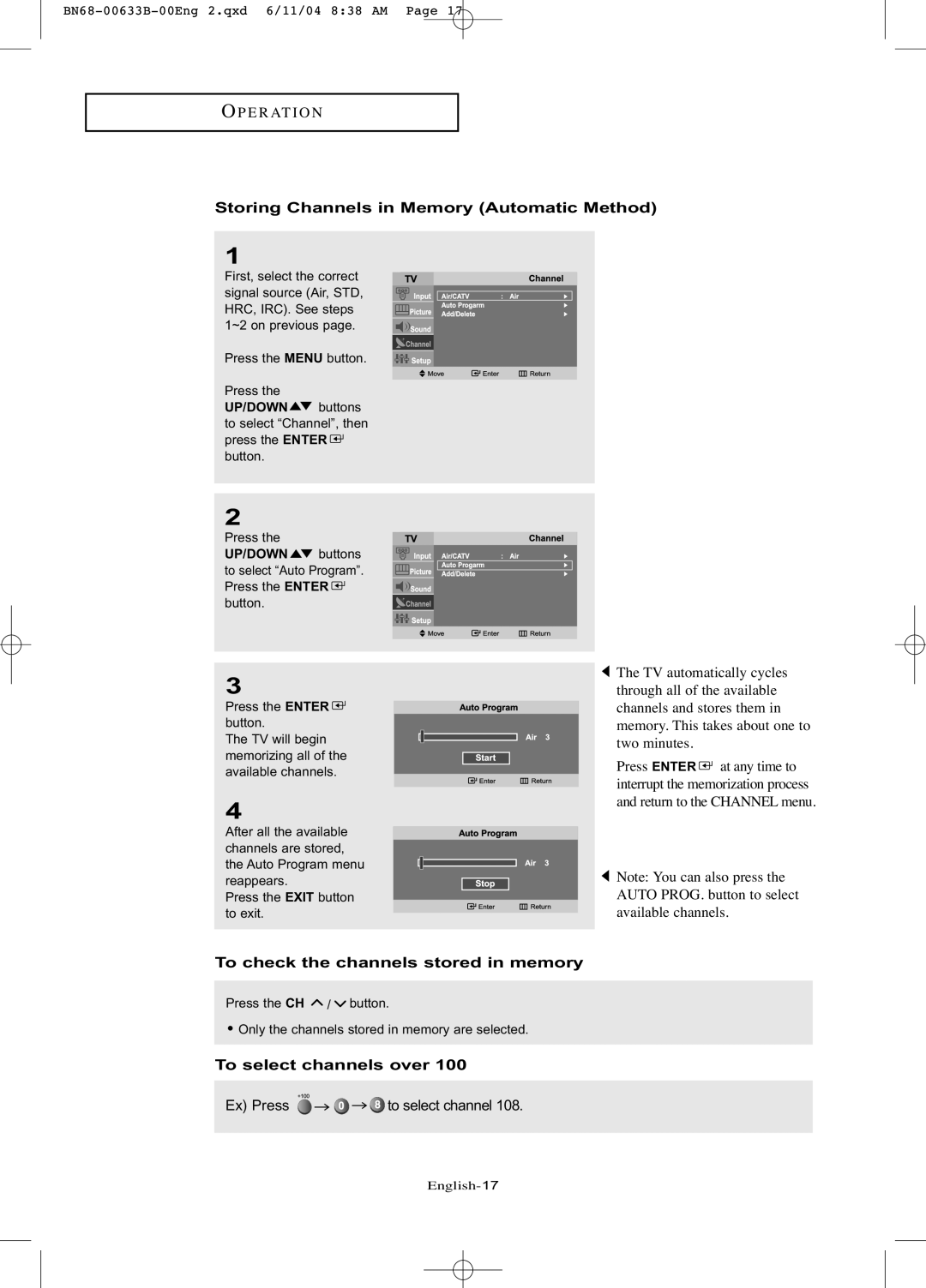 Samsung LT-P1545 manual Storing Channels in Memory Automatic Method, To check the channels stored in memory 