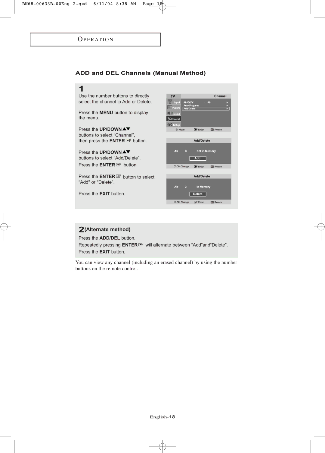 Samsung LT-P1545 manual ADD and DEL Channels Manual Method, 2Alternate method 