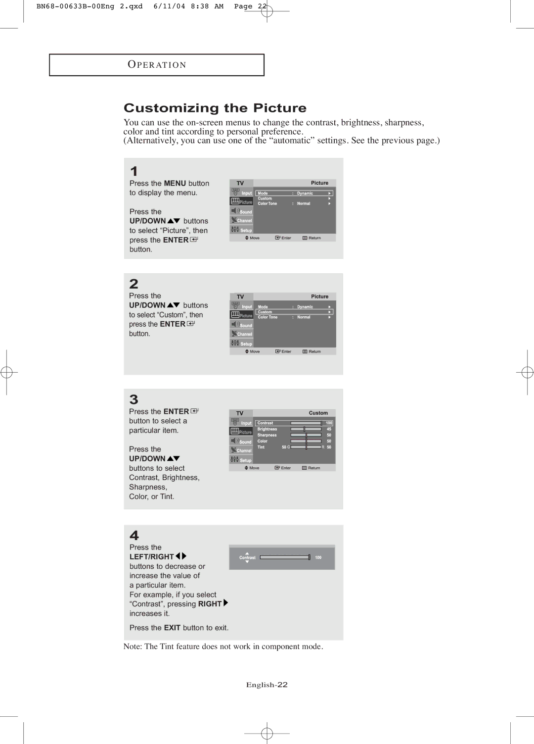 Samsung LT-P1545 manual Customizing the Picture, Left/Right 