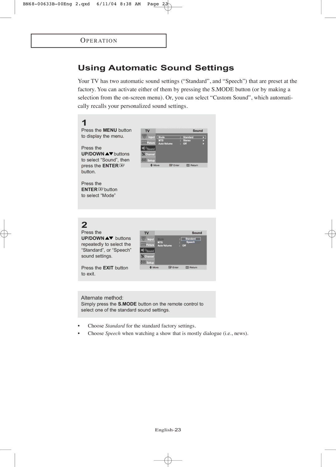 Samsung LT-P1545 manual Using Automatic Sound Settings 