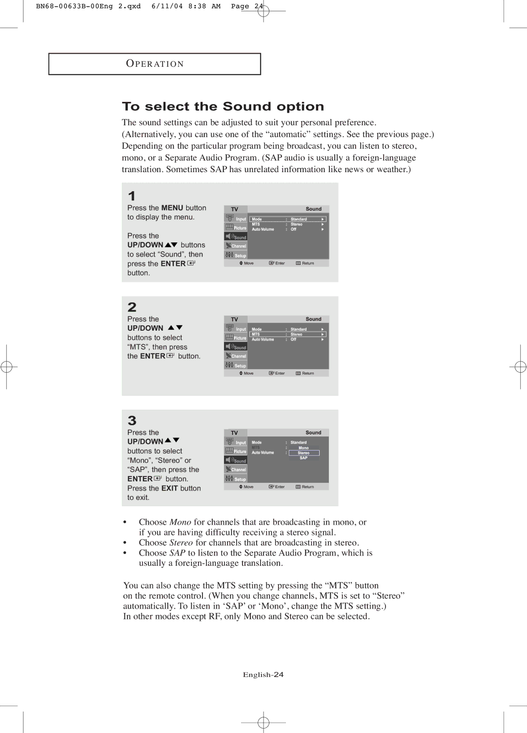 Samsung LT-P1545 manual To select the Sound option 