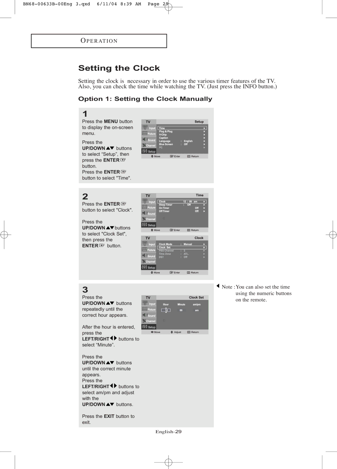 Samsung LT-P1545 manual Option 1 Setting the Clock Manually 