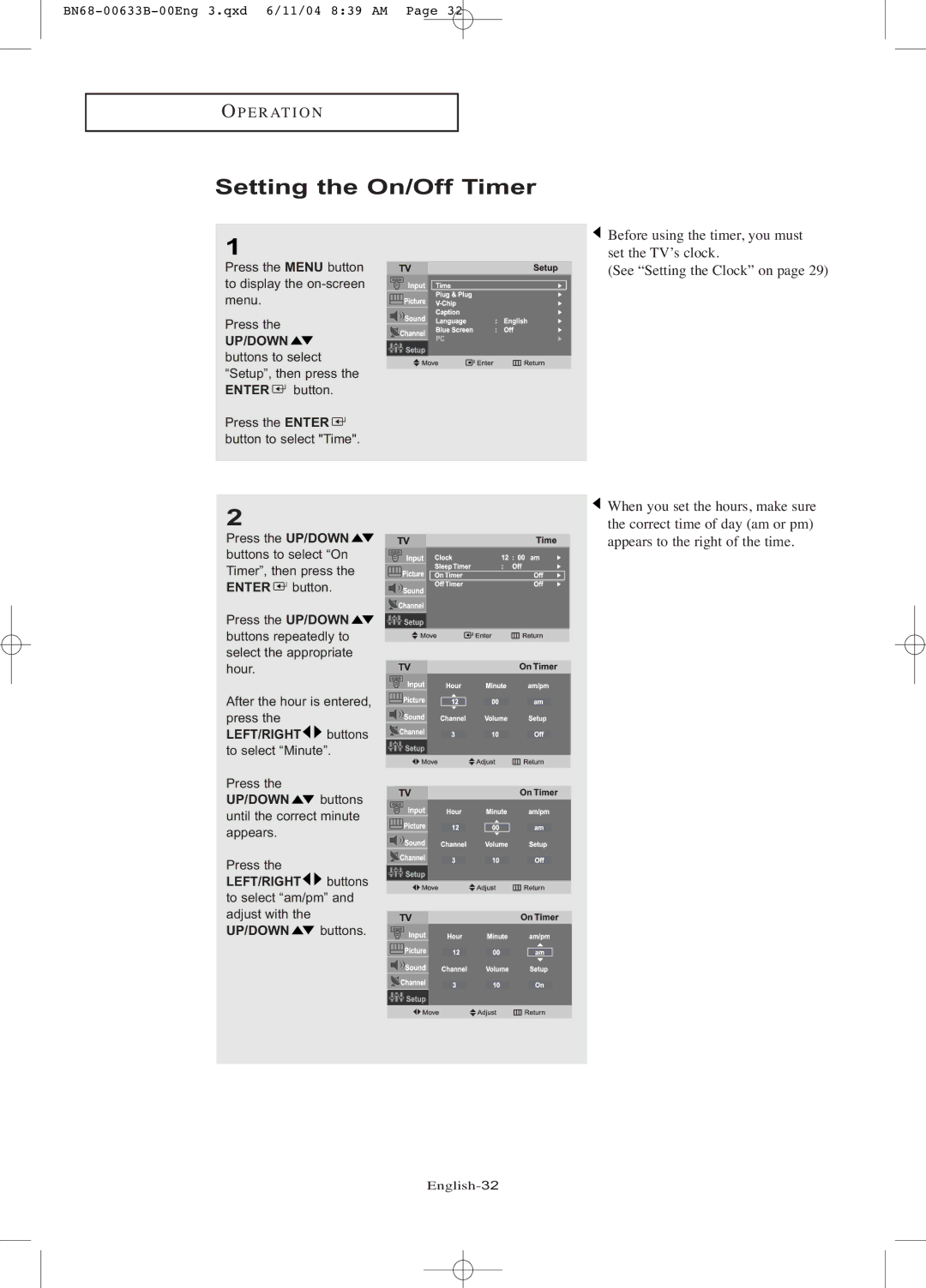 Samsung LT-P1545 manual Setting the On/Off Timer 