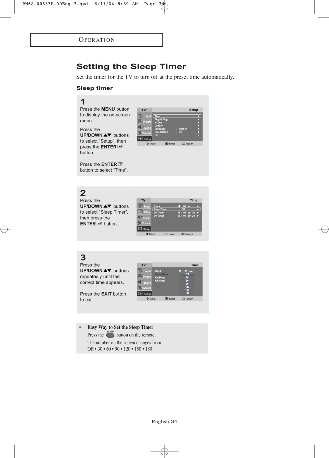 Samsung LT-P1545 manual Setting the Sleep Timer, Sleep timer 