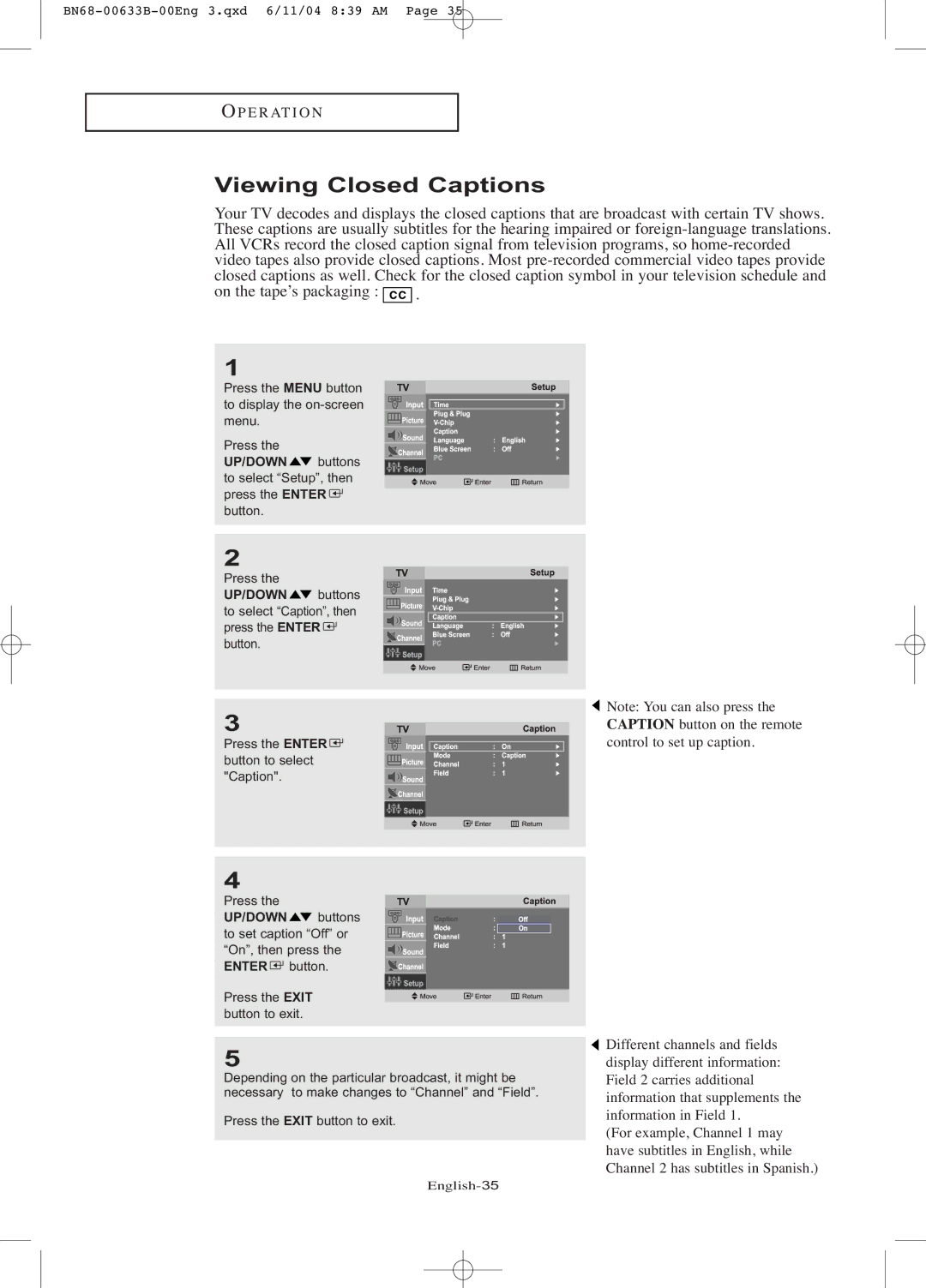 Samsung LT-P1545 manual Viewing Closed Captions 