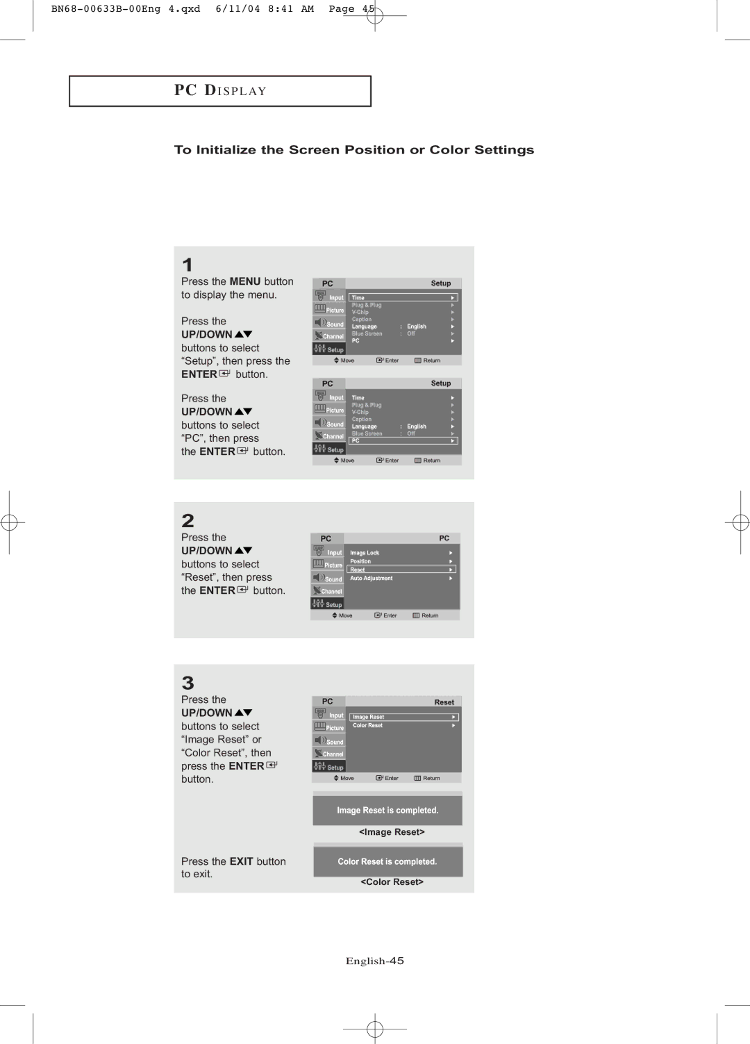 Samsung LT-P1545 manual To Initialize the Screen Position or Color Settings 