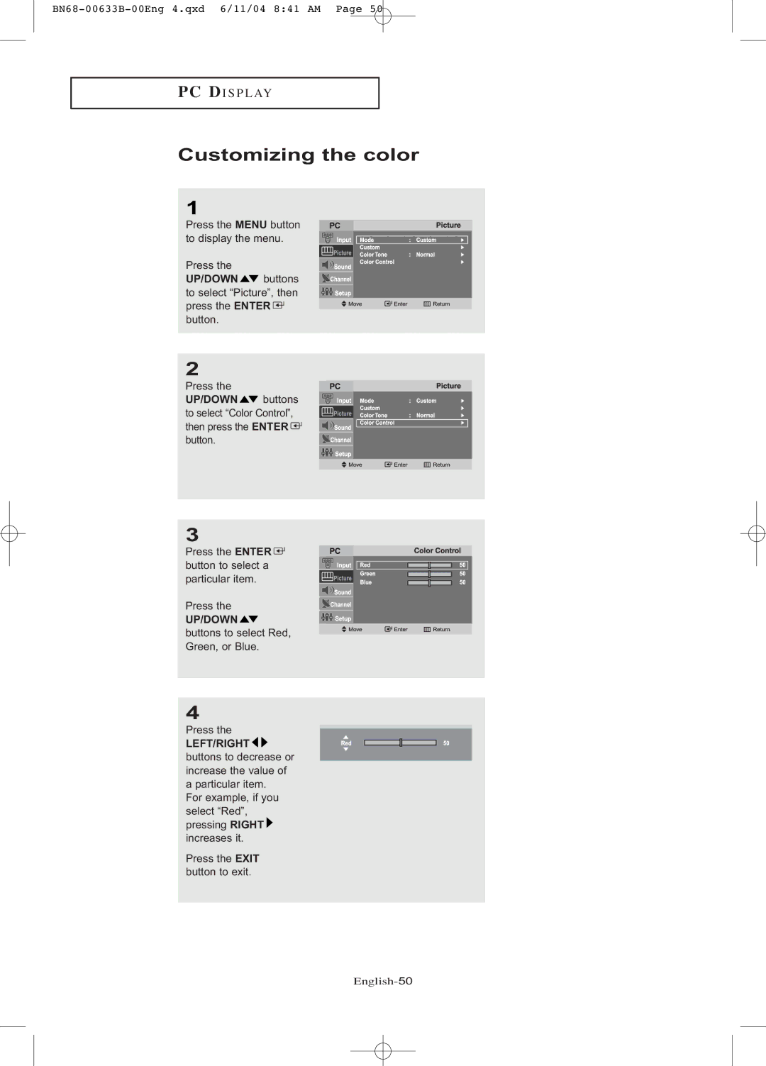 Samsung LT-P1545 manual Customizing the color 