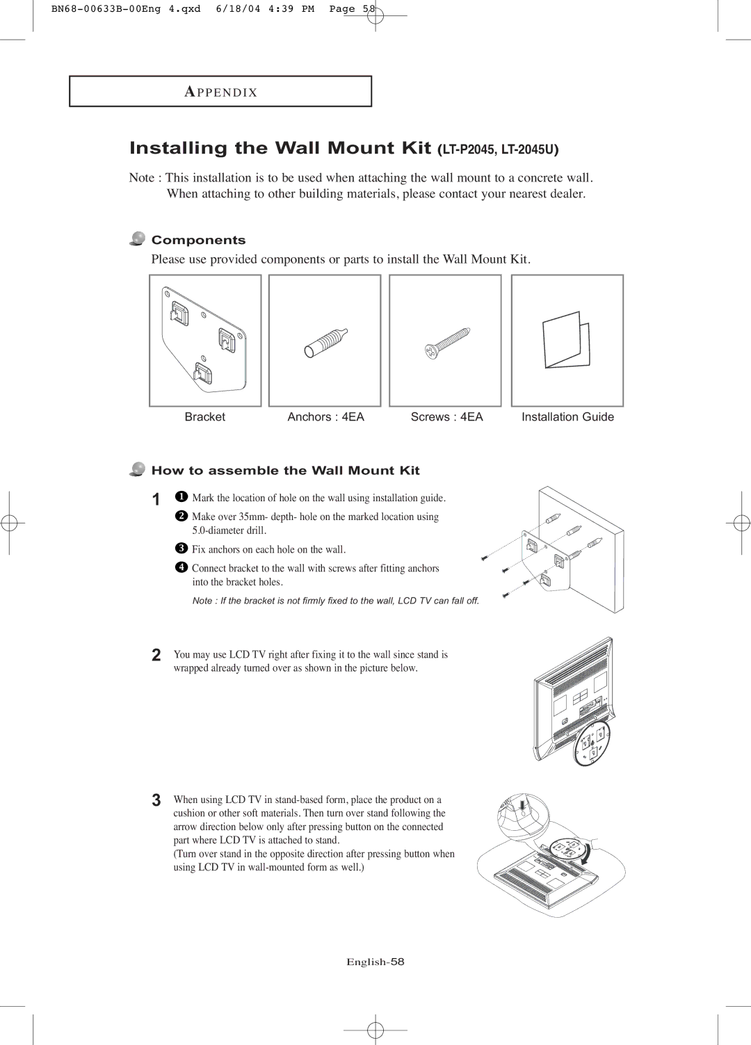 Samsung LT-P1545 manual Installing the Wall Mount Kit LT-P2045,LT-2045U 