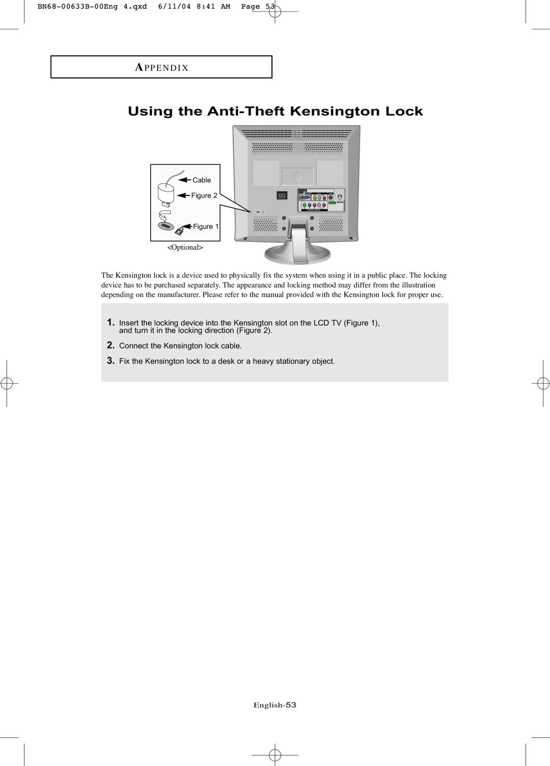 Samsung LT-P1545 manual Using the Anti-Theft Kensington Lock, Ap P E N D I 