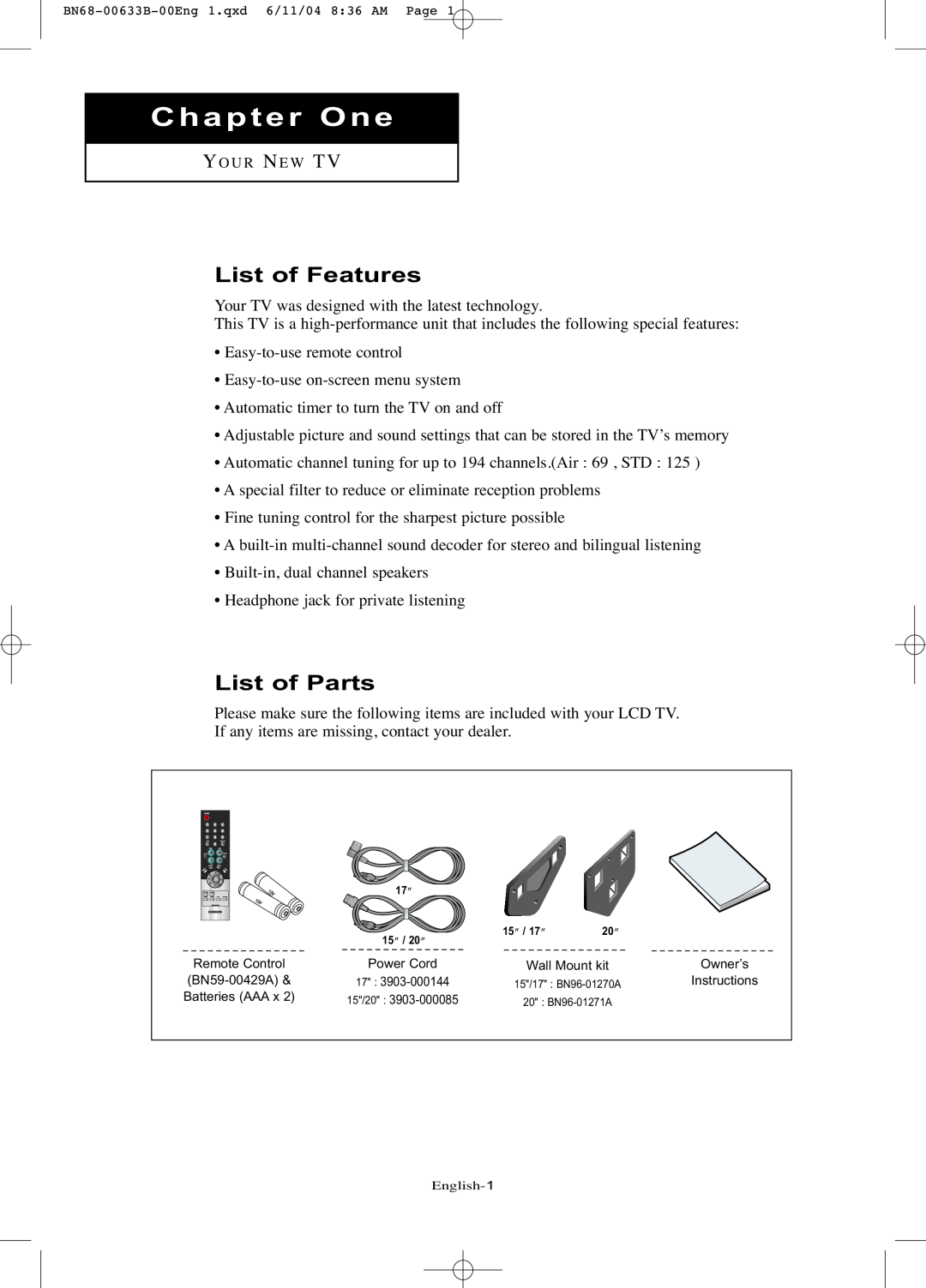 Samsung LT-P1545 manual Chapter One, List of Features, List of Parts 