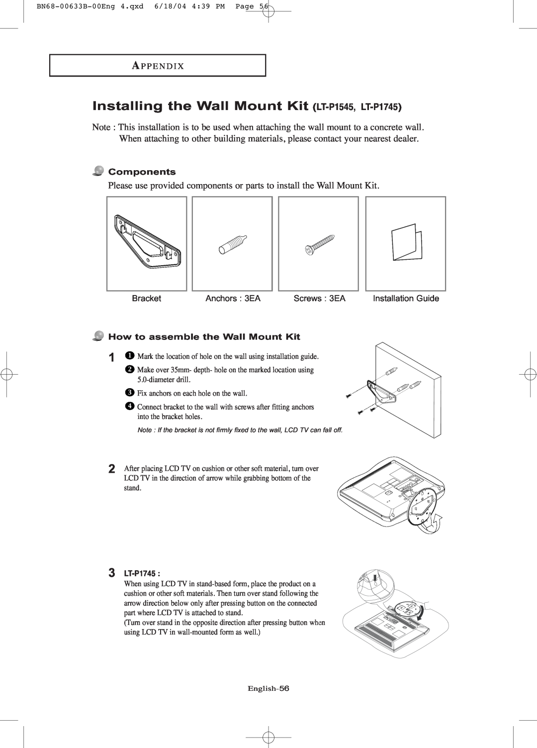 Samsung Installing the Wall Mount Kit LT-P1545, LT-P1745, A P P E N D I, Components, How to assemble the Wall Mount Kit 