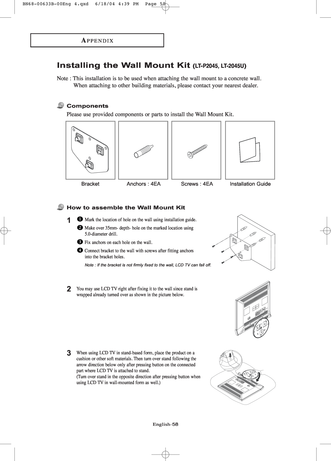 Samsung LT-P1545 manual Installing the Wall Mount Kit LT-P2045, LT-2045U, A P P E N D I, Components 