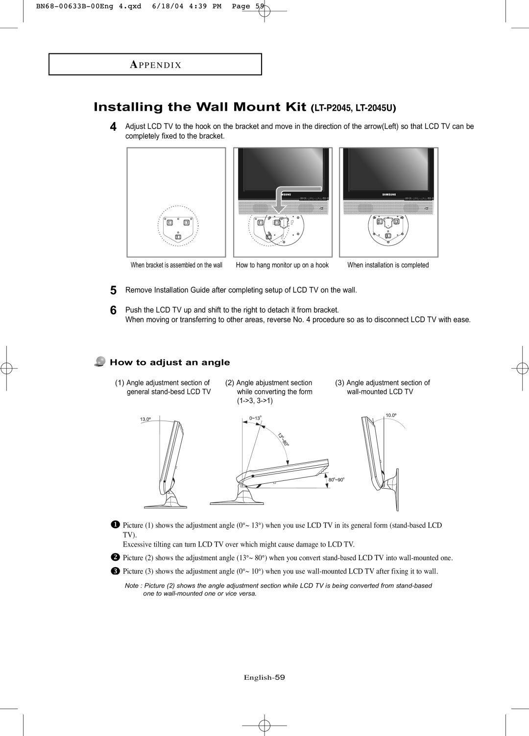 Samsung LT-P1545 manual Installing the Wall Mount Kit LT-P2045, LT-2045U, A P P E N D I, How to adjust an angle, English-59 