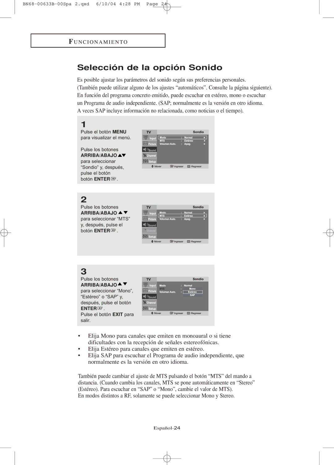 Samsung LT-P2045U, LT-P1745 manual Selección de la opción Sonido 