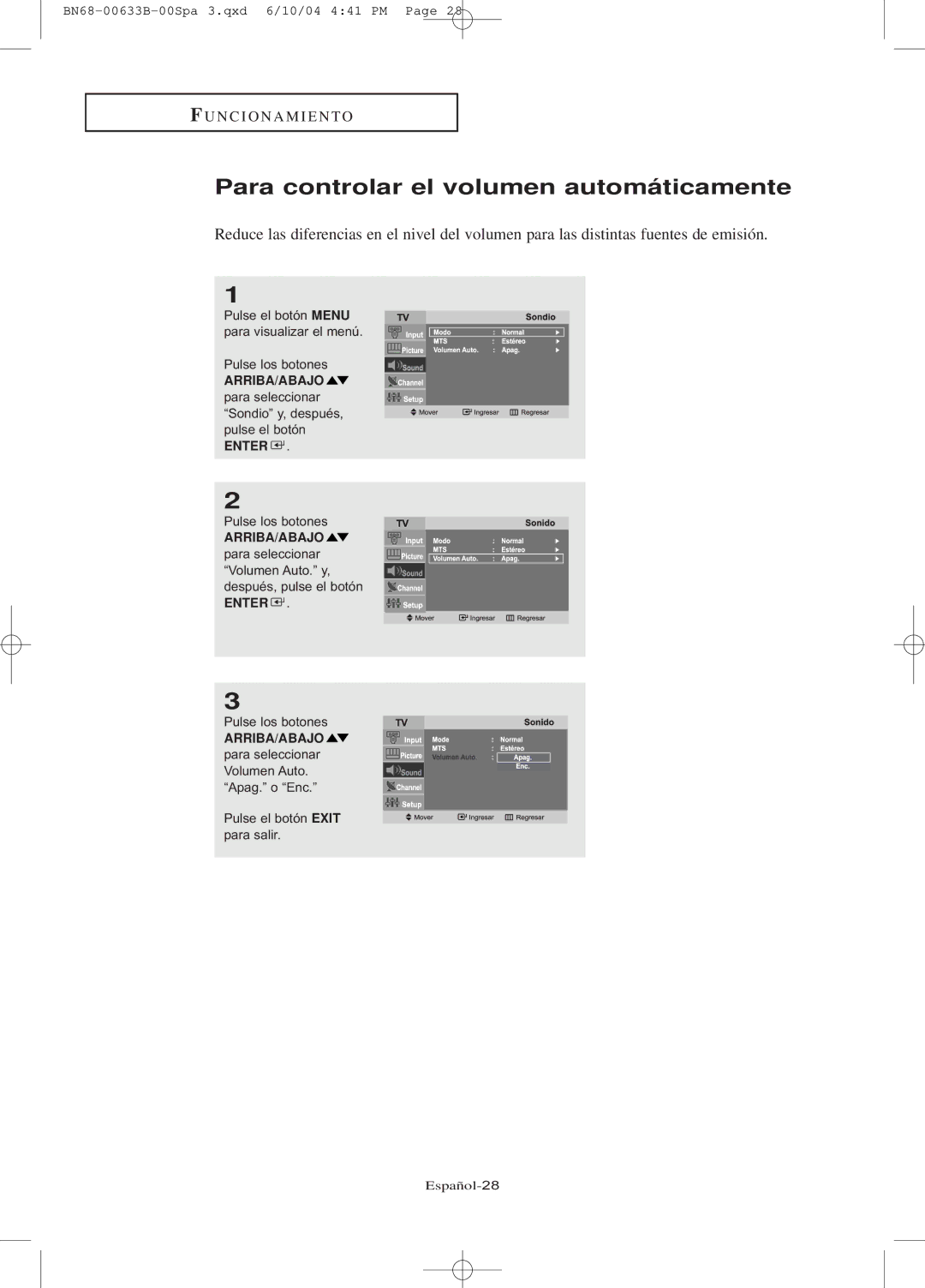 Samsung LT-P1745, LT-P2045U manual Para controlar el volumen automáticamente, ARRIBA/ABAJO para seleccionar Volumen Auto 