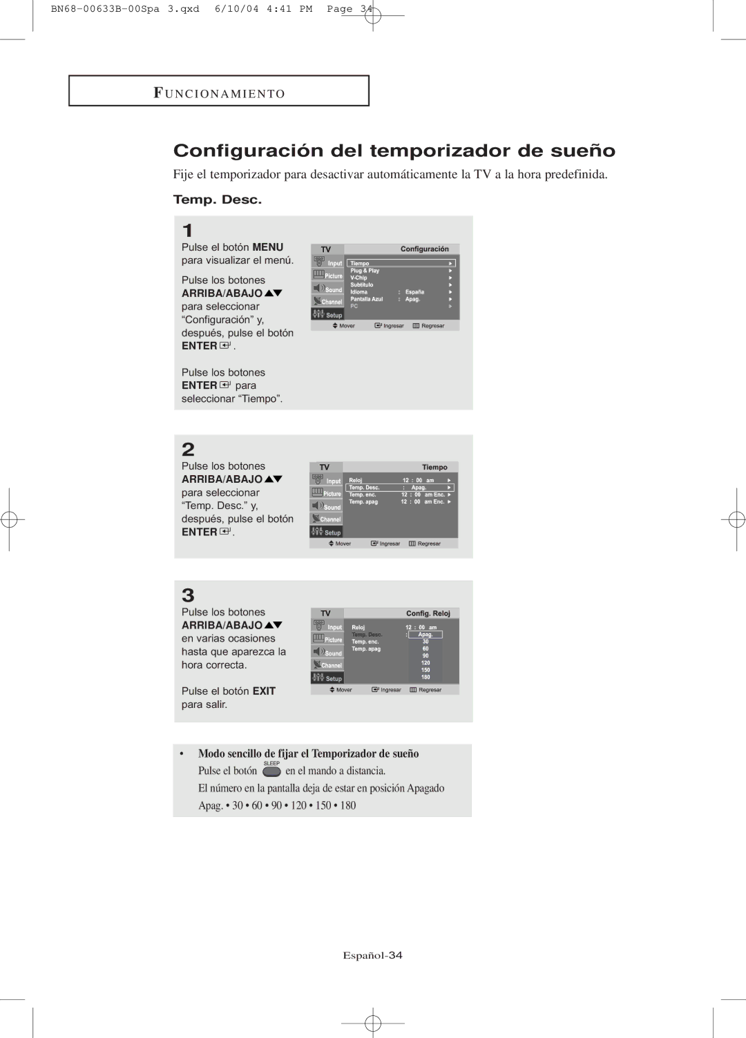 Samsung LT-P1745, LT-P2045U manual Configuración del temporizador de sueño, Temp. Desc 