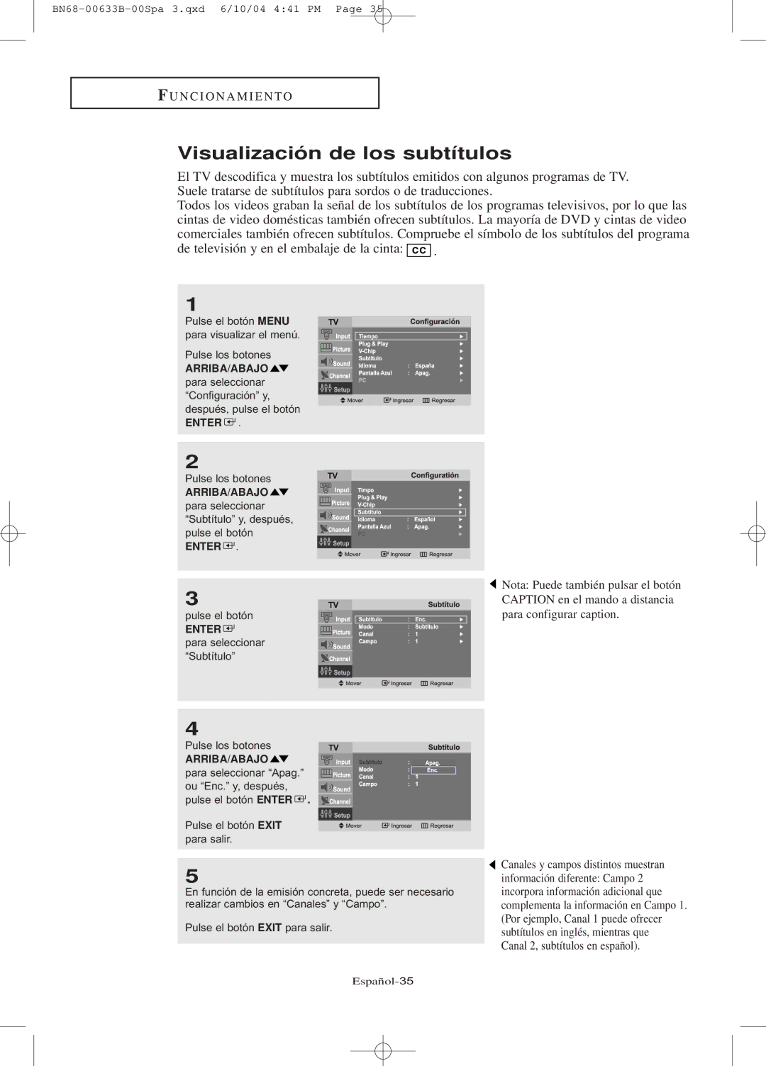 Samsung LT-P1745, LT-P2045U manual Visualización de los subtítulos 