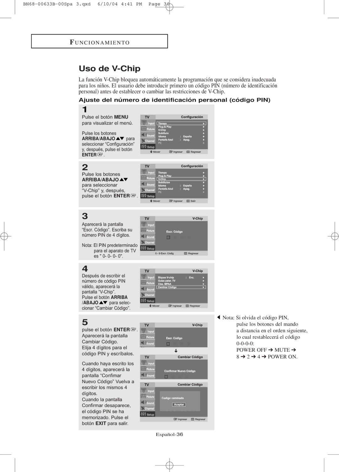 Samsung LT-P2045U, LT-P1745 manual Uso de V-Chip, Ajuste del número de identificación personal código PIN 