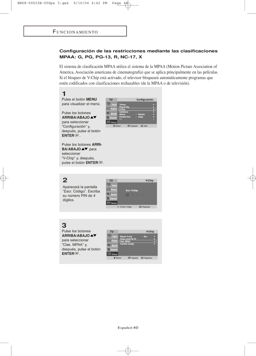 Samsung LT-P1745, LT-P2045U manual BA/ABAJO para seleccionar V-Chip y, después 