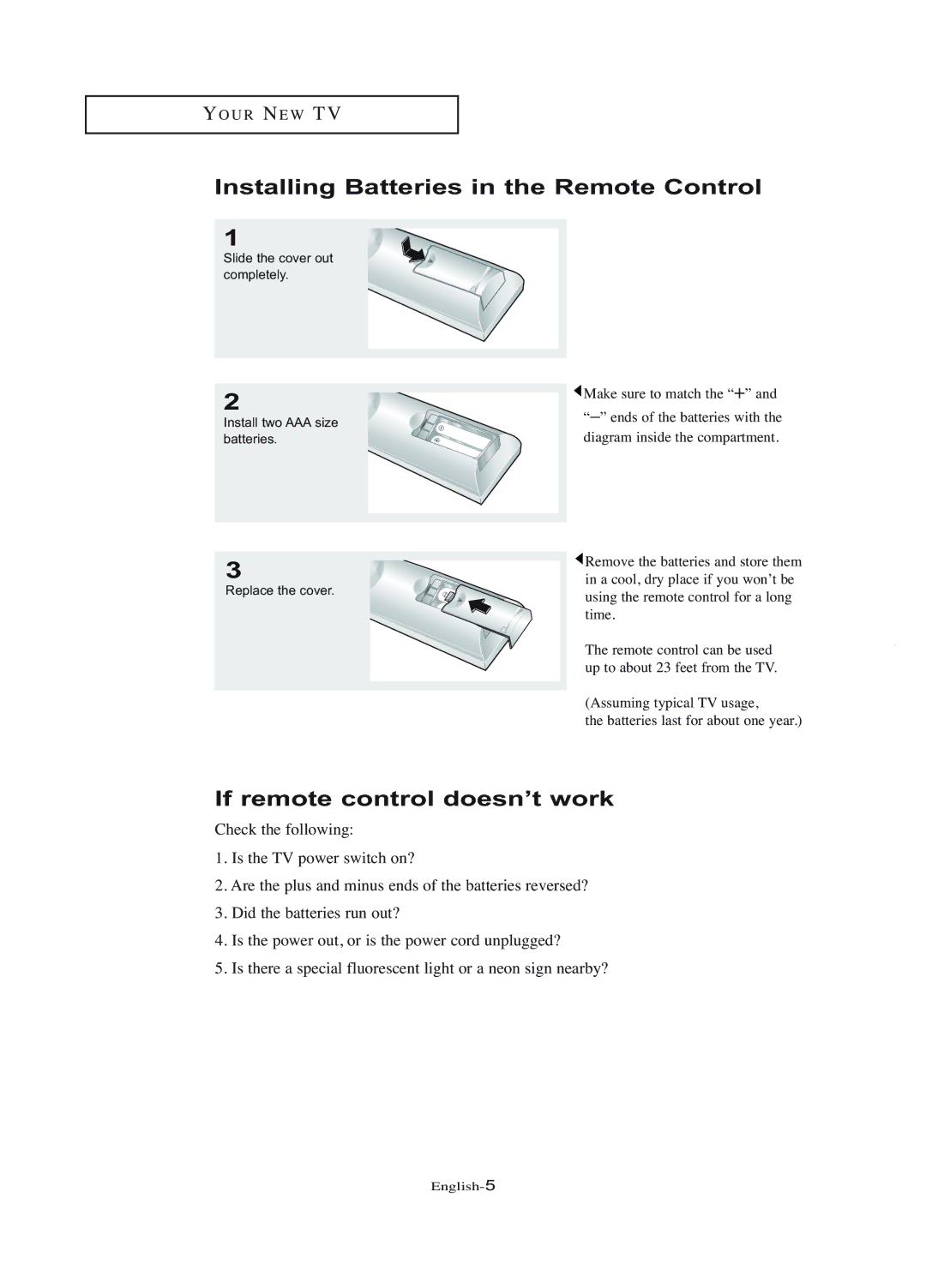 Samsung LT-P1745U manual Installing Batteries in the Remote Control, If remote control doesn’t work 