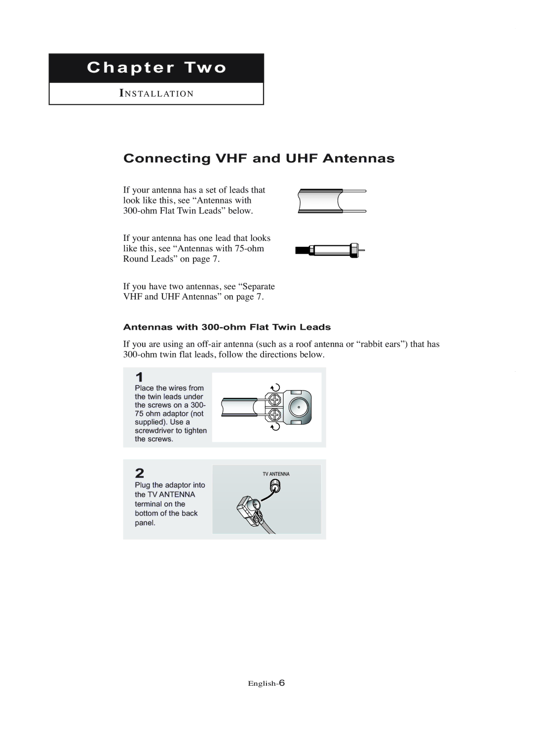 Samsung LT-P1745U manual Connecting VHF and UHF Antennas, Antennas with 300-ohm Flat Twin Leads 